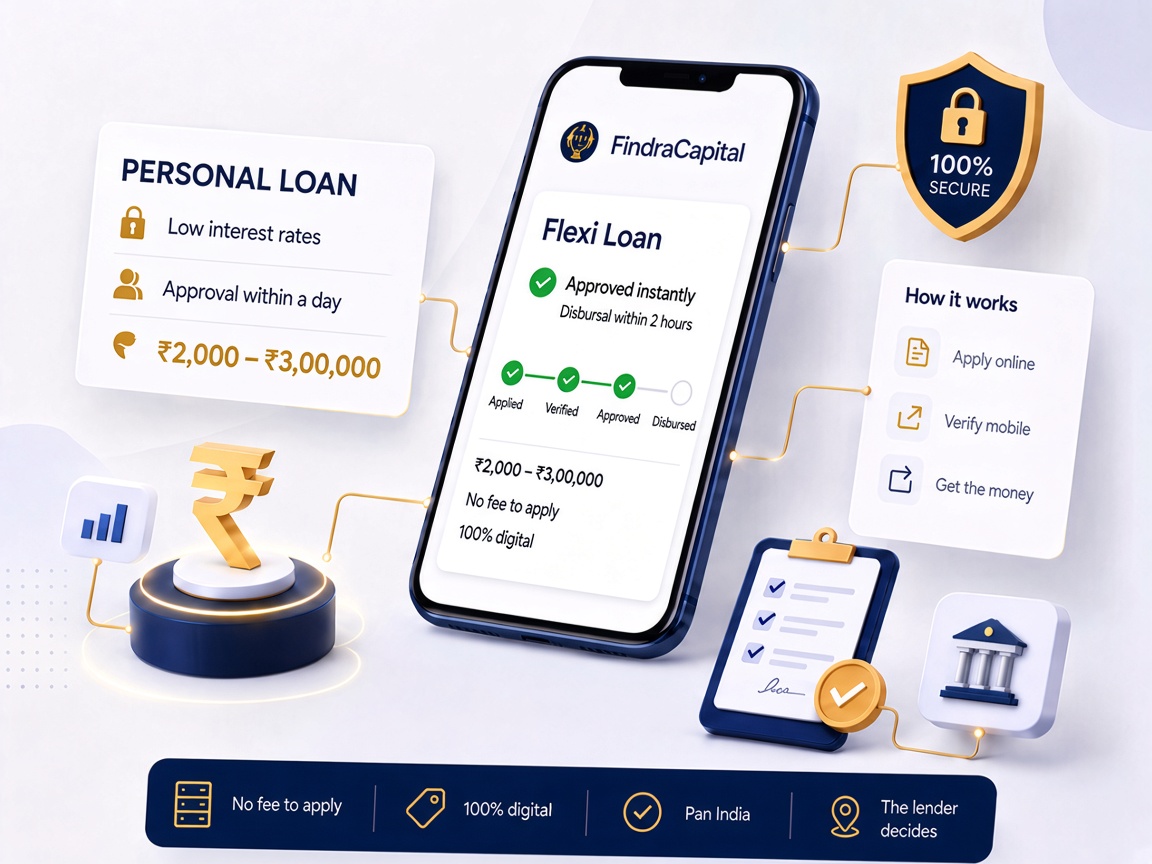 Flexi Loan approved instantly, disbursal within 2 hours. Personal Loan from ₹2,000 to ₹3,00,000.